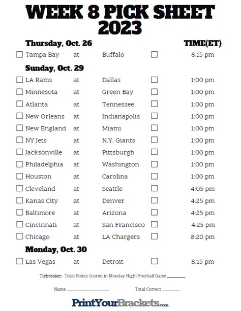 Aug 7, 2023 Coaches. . Week 8 nfl schedule printable
